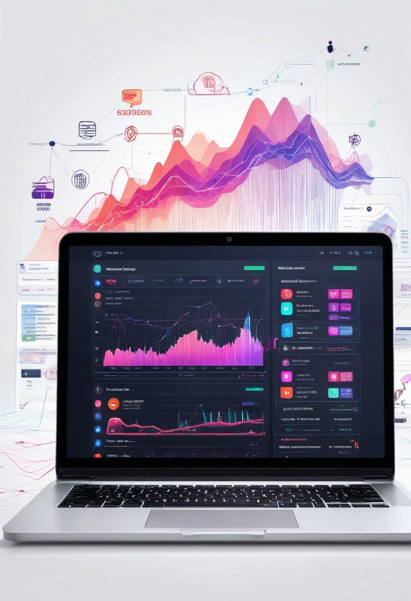A dynamic split-screen image showcasing a modern, sleek web design on one side, with intricate layers representing web hosting servers; on the other side, vibrant digital marketing icons like social media, SEO graphs, and analytics charts flowing out of a laptop screen, symbolizing growth and connectivity. All elements are interconnected by futuristic neon lines. super-realistic. vibrant colors. white background.