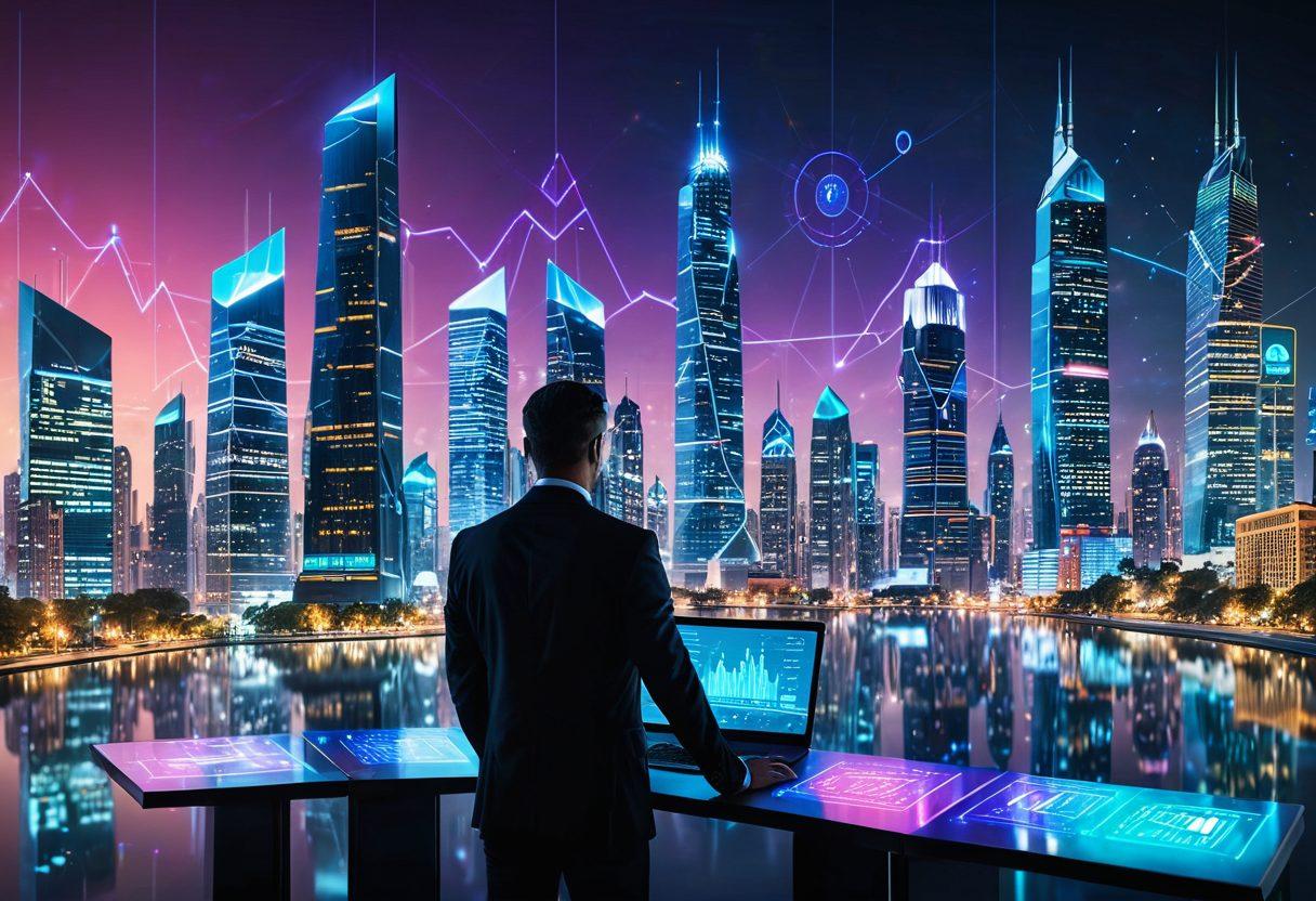 A futuristic cityscape with modern skyscrapers adorned with digital screens displaying various business services, vibrant e-commerce icons, and online transactions. In the foreground, a CEO confidently overseeing the city with holographic interfaces showcasing website analytics and e-commerce growth charts. Super-realistic. Vibrant colors. High-tech cityscape. Digital holograms.