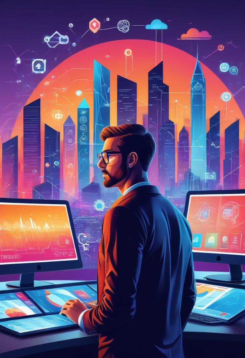 A vibrant digital landscape featuring a confident marketer analyzing SEO data on multiple screens, surrounded by icons of search engines, social media, and analytics tools. The background showcases a dynamic city skyline of interconnected networks, symbolizing online success. Vector art. Dynamic colors. High-tech aesthetic.